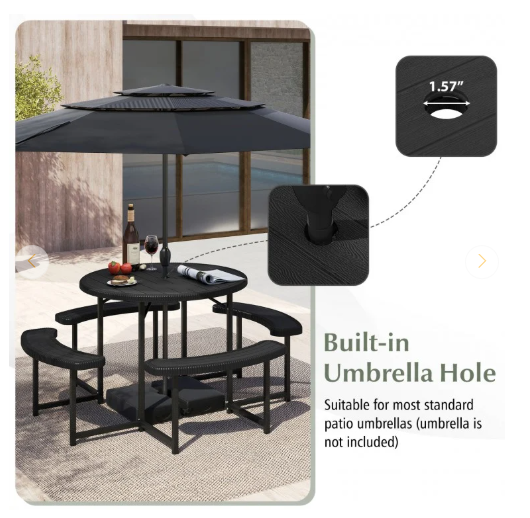 Round Picnic Table Bench Set with 4 Benches and Umbrella Hole for Patio Lawn (Assembled)