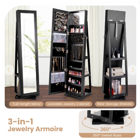 Special - 360° Rotatable 2-in-1 Lockable Jewelry Cabinet with Full-Length Mirror (Assembled)