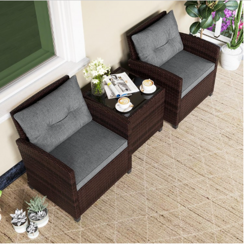 3 Pieces Cushioned Rattan Patio Conversation Set with Coffee Table-Grey (Assembled)