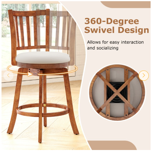 Set of 2, 360° Rotating Counter Height Chairs with Upholstered Seat and Backrest (Assembled)