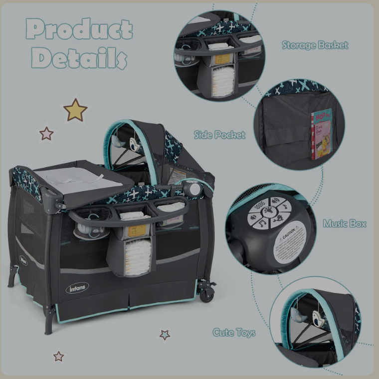 4 in 1 Portable Baby Crib with Flip-Away Changing Table, Foldable Playard Bassinet Nursery Center