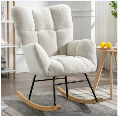 Linen Rocking Chair with High Backrest and Padded Armrests - Beige