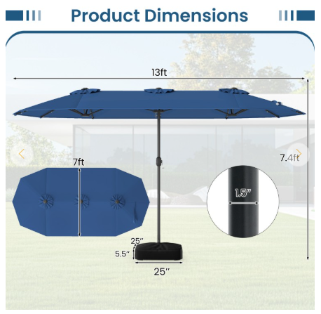 13FT Double-sided Patio Umbrella with Solar Lights - Navy (Assembled)