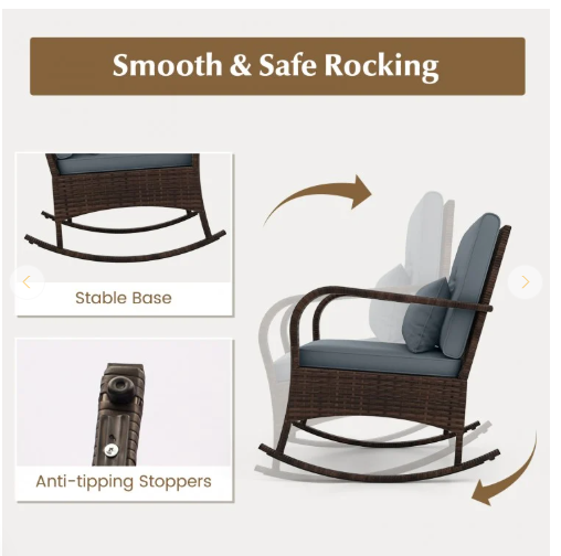 3 Pieces Outdoor Rocking Set with Tempered Glass Coffee Table for Backyard Poolside
