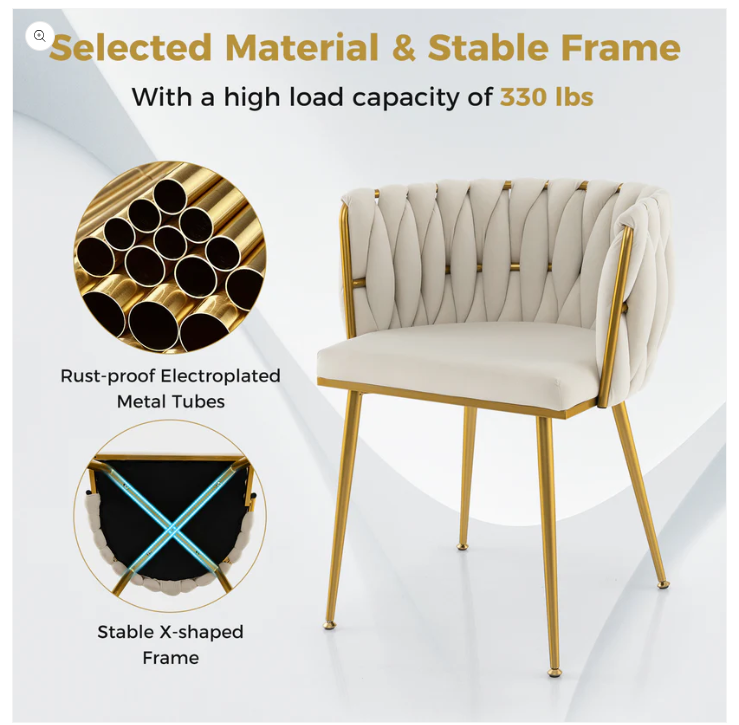 Set of 2 Upholstered Dining Chair w/ Curved Backrest and Metal Tubes-Cream