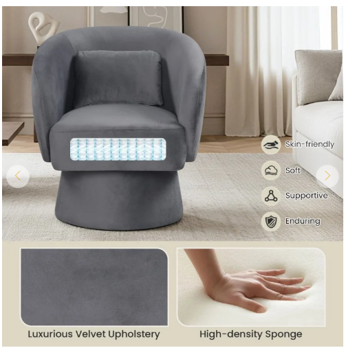 Swivel Accent Chair Upholstered Barrel Chair with Curved Back and Removable Lumbar Pillow