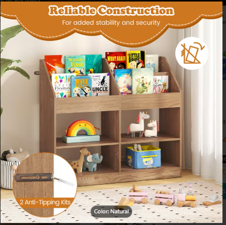 3-Tier Kid's Bookshelf Toy Storage Organizer with Display Rack and 4 Compartments (Assembled)