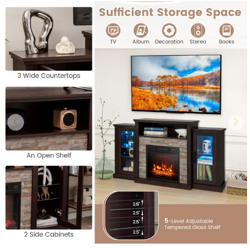 Fireplace TV Stand, TV Console with Fireplace Insert with remote, LED Lights with remote & Adjustable Glass Shelves, App Control, Fully Assembled