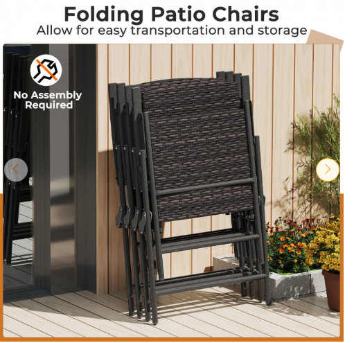 Set of 2 - Folding Patio Wicker Dining Chairs with Armrests and Metal Frame