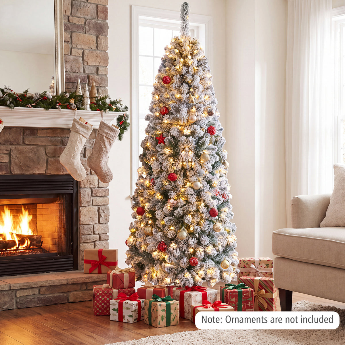 6 Feet Pre-lit Snow Flocked Artificial Pencil Christmas Tree with 250 LED Lights - FINAL SALE