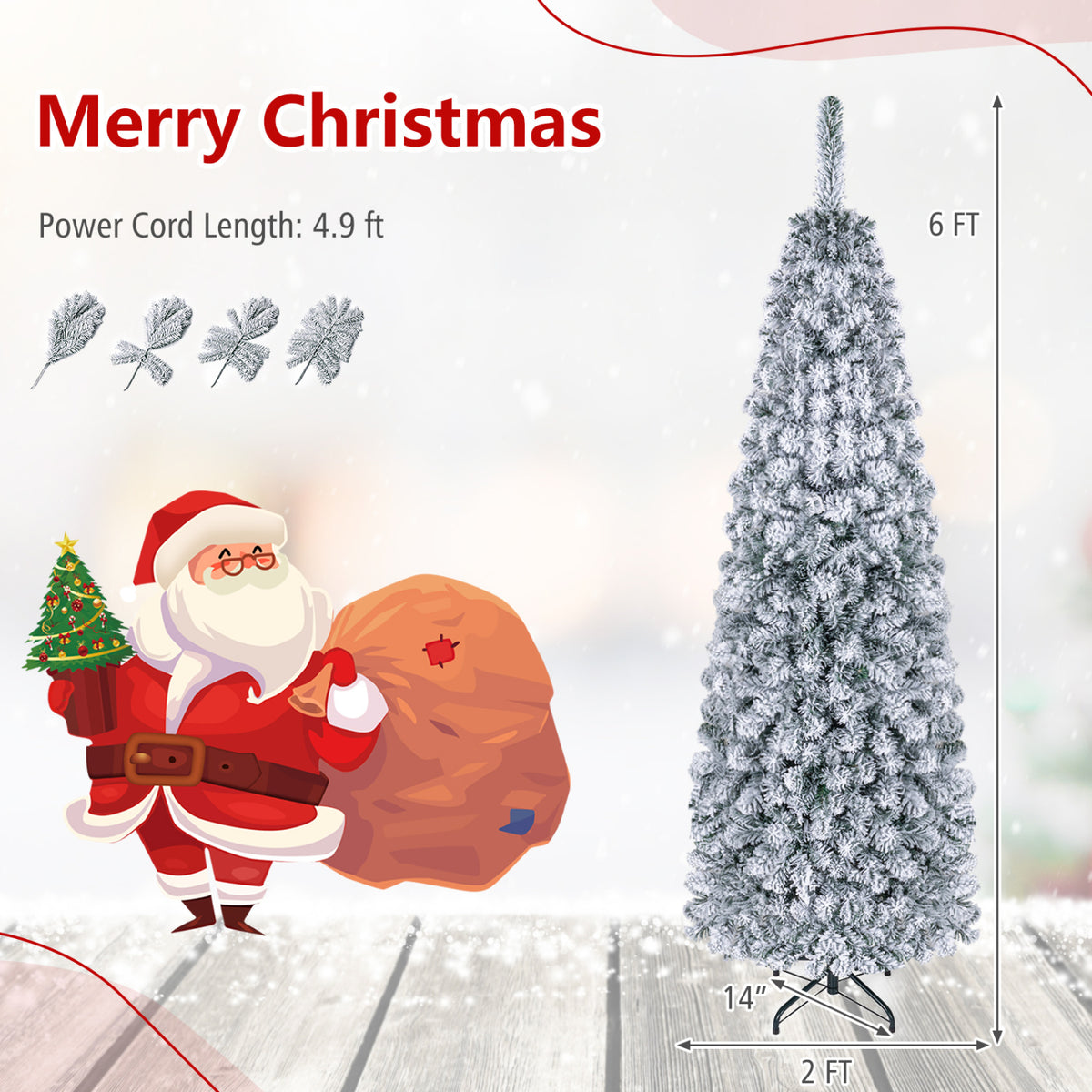 6 Feet Pre-lit Snow Flocked Artificial Pencil Christmas Tree with 250 LED Lights - FINAL SALE
