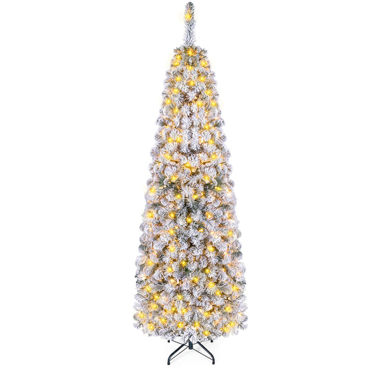 6 Feet Pre-lit Snow Flocked Artificial Pencil Christmas Tree with 250 LED Lights - FINAL SALE