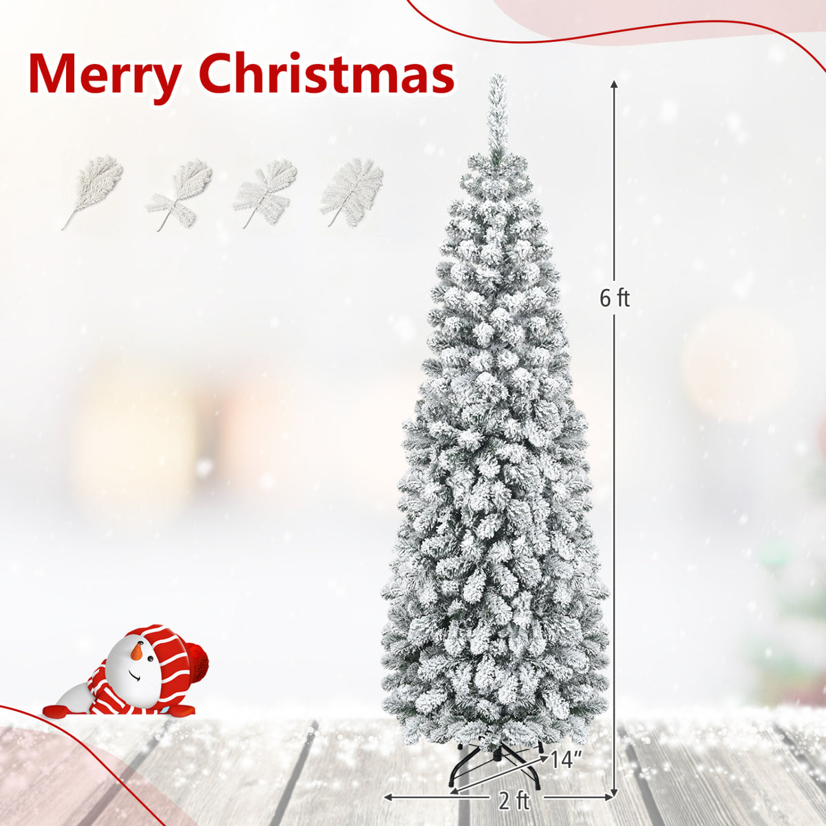 6 Feet Unlit Hinged Snow Flocked Artificial Pencil Christmas Tree with 500 Branch Tip - FINAL SALE