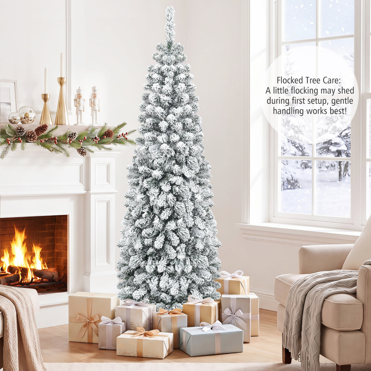 6 Feet Unlit Hinged Snow Flocked Artificial Pencil Christmas Tree with 500 Branch Tip - FINAL SALE