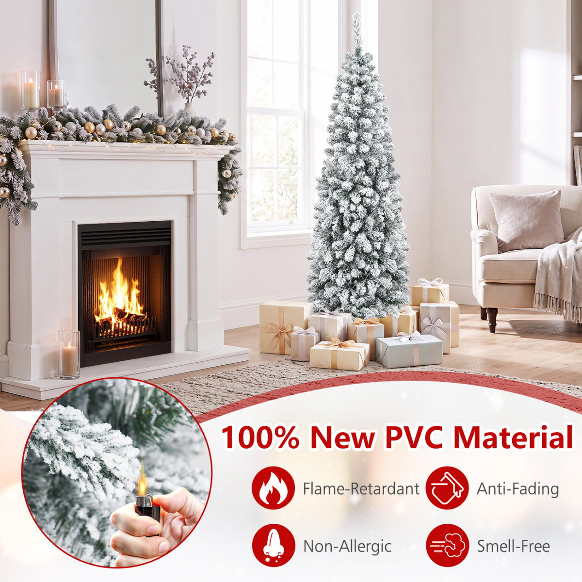 6 Feet Unlit Hinged Snow Flocked Artificial Pencil Christmas Tree with 500 Branch Tip - FINAL SALE