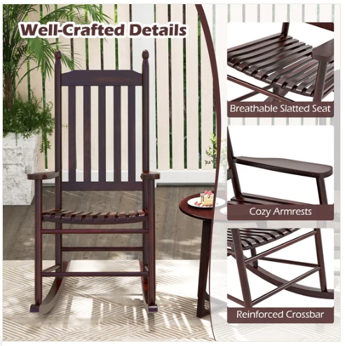 High-Back Acacia Wood Outdoor Rocking Chair with Solid Rocking Base-Brown (Assembled)