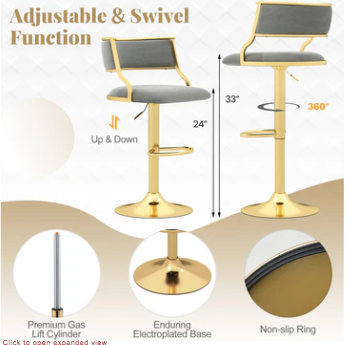 Swivel Bar Stool Set of 2 Dutch Velvet Height Adjustable Island Stools-Grey