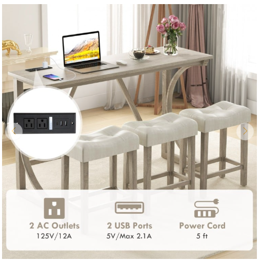 4-Piece Bar Table Set with Power Outlet and Upholstered Saddle Seat Stools (Fully Assembled)