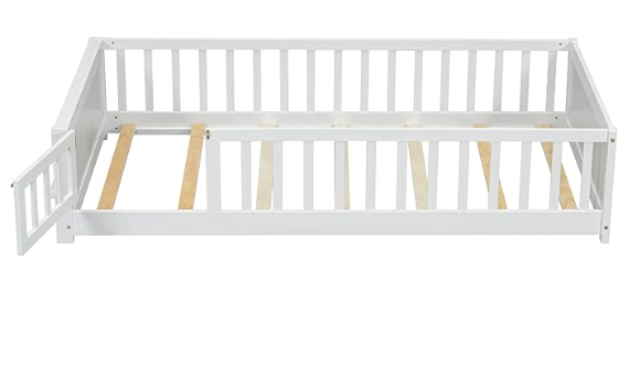 Full Size Floor Bed for Kids with Safety Guardrails, Solid Wood with Removable Door-White. ( 1 Box)