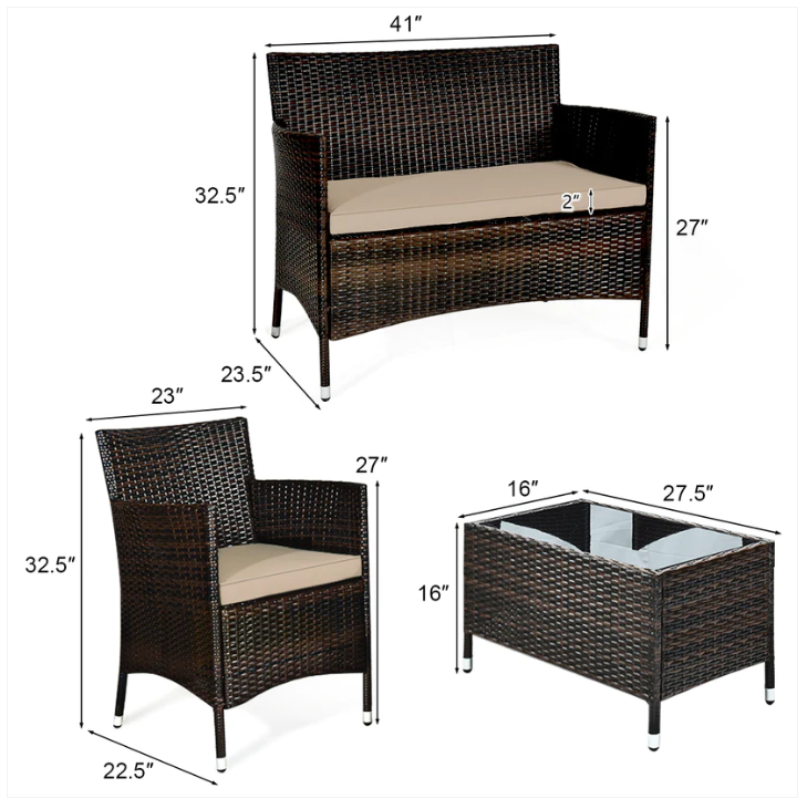4 Pieces Rattan Sofa Set with Glass Coffee Table-Light Brown - *UNASSEMBLED/IN BOX*