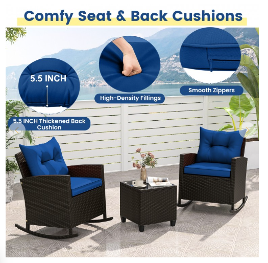 3-Piece Patio Rattan Rocker Chairs with Glass Table, Dark Blue (Fully Assembled)