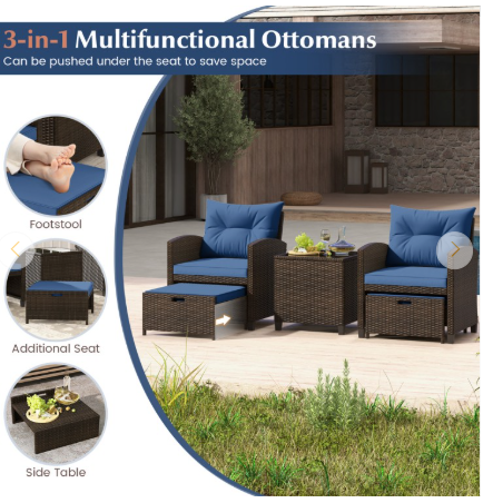 5PCS Outdoor Rattan Conversation Set Wicker Lounge Chairs with 2 Ottoman Stools and Glass Top Side Table-Navy (Assembled)