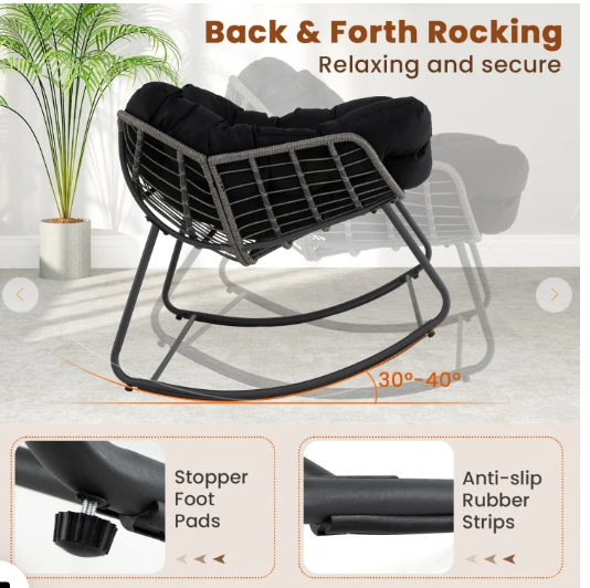 Outdoor Rocking Chair Oversized Patio PE Wicker Egg Chair with Cushion - Black