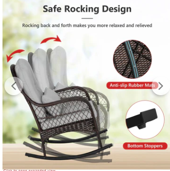 Patio Rattan Rocking Chair with Seat Back Cushions and Waist Pillow-Grey