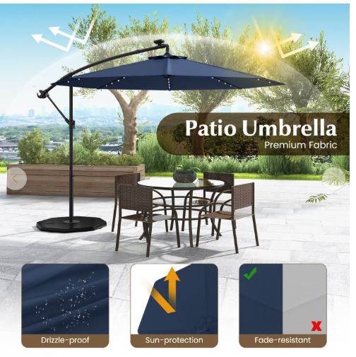 SPECIAL - 10 Feet Patio Offset Umbrella with sandbag plus 32 Solar-Powered LED Lights-Navy (see Description)