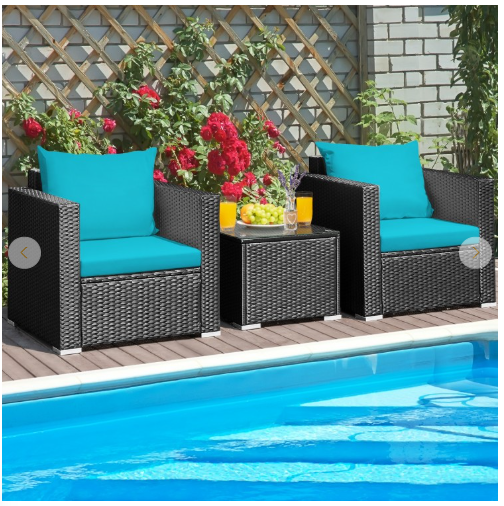 3 Pieces Cushioned Rattan Patio Set with Coffee Table-Turquoise, Fully Assembled