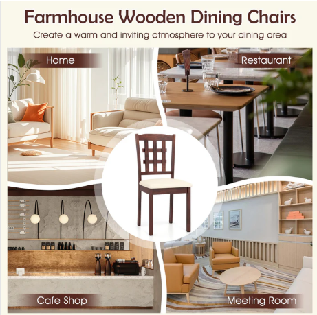 Set of 2, Wooden Dining Chair, Linen Fabric Padded Kitchen Chairs