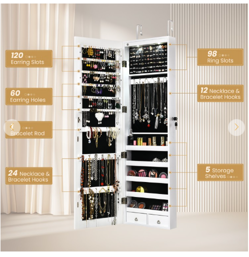 Lockable Wall Mount Mirrored Jewelry Cabinet with LED Lights-White