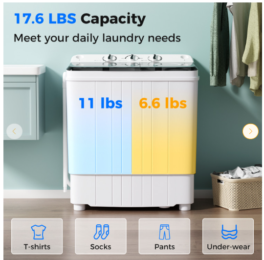 17.6lbs Compact Portable Washer Twin Tub Combo with Pump Drain