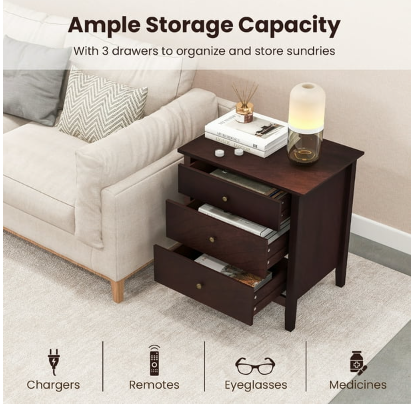 3-Drawer End Table Nightstand Beside Accent Table Brown Bedroom (Fully Assembled)