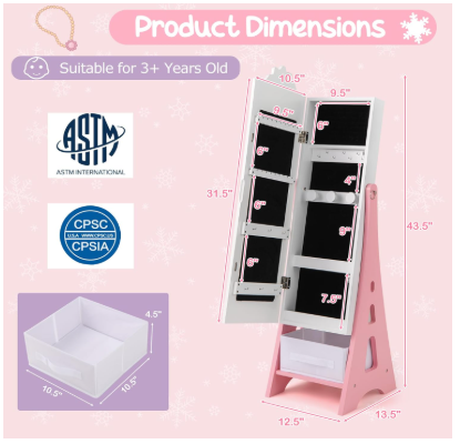 Kids Jewelry Armoire Cabinet, 43.5" with Full-Length Mirror (Assembled)