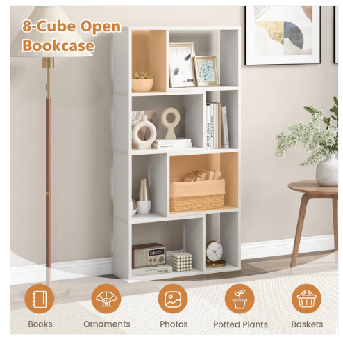 48 Inch 4-Tier Geometric Bookshelf with 8 Cubes for Living Room Bedroom-White