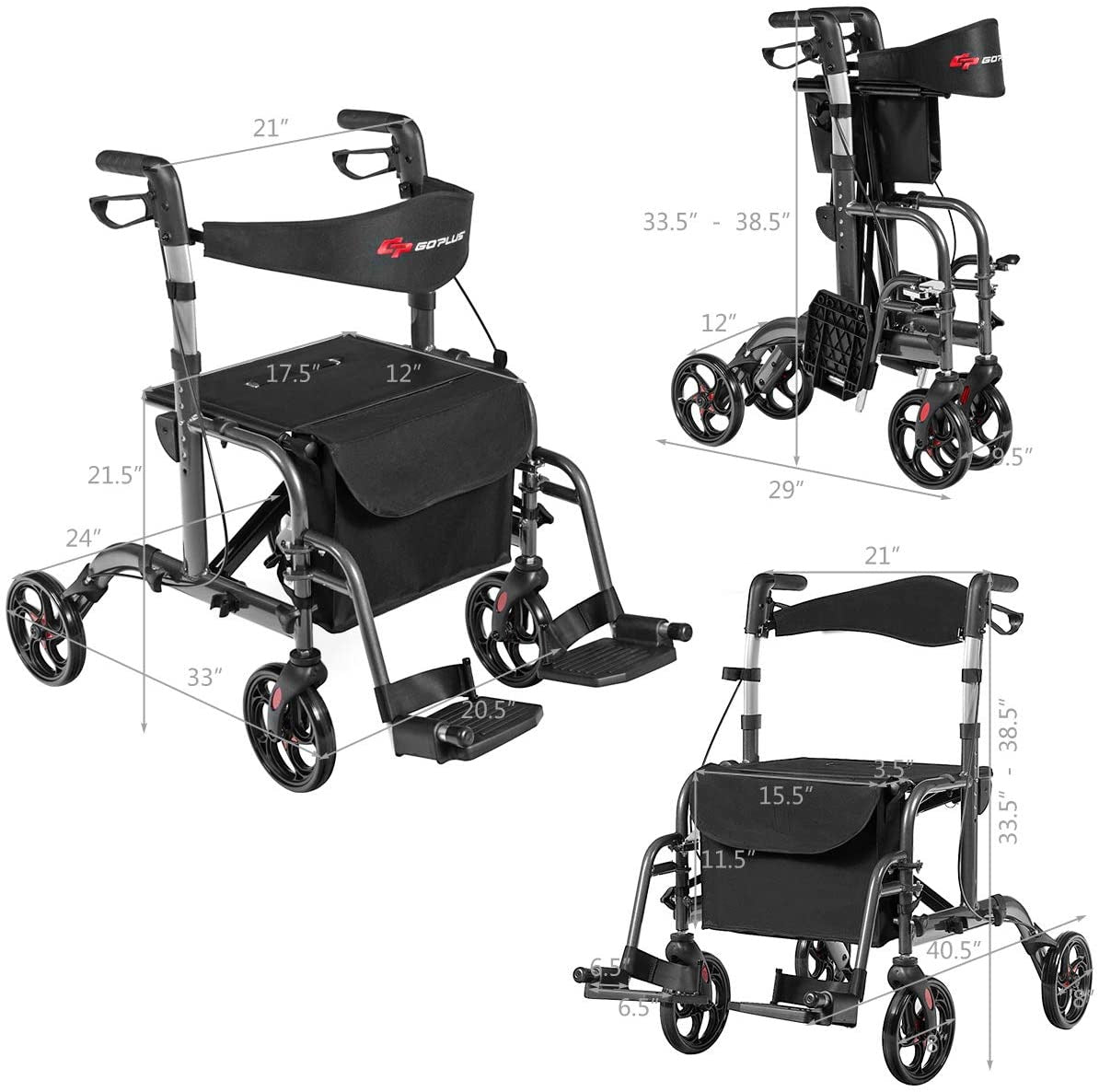 2 in 1 Folding Rollator Walker, 4 Wheel Medical Rolling Walker