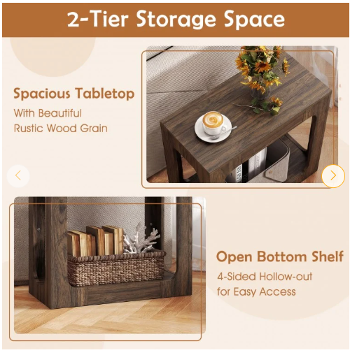 Set of 2, 2-Tier End Table with Storage Shelf for Living Room - Wallnut - Assembled