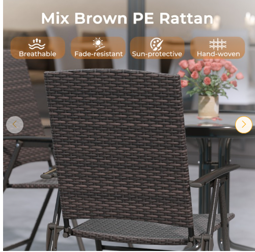 Set of 2 - Folding Patio Wicker Dining Chairs with Armrests and Metal Frame