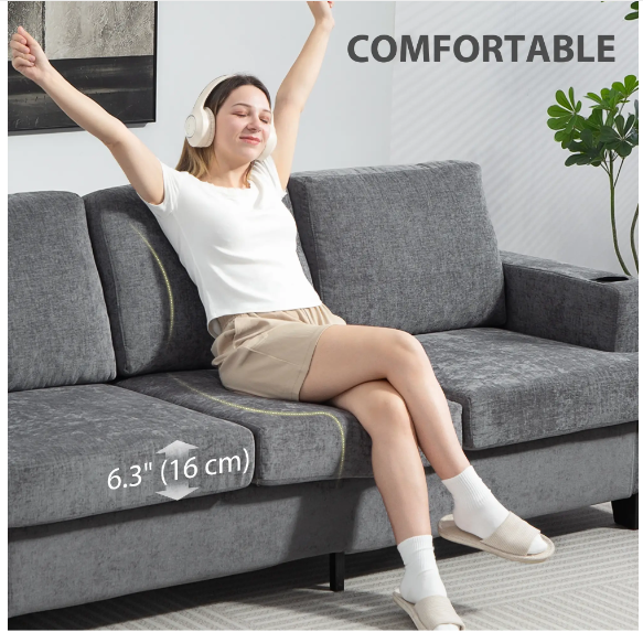 3 Seater Sofa with USB Ports & Cup Holders, Chenille-Feel Upholstered Couch for Living Room, Grey