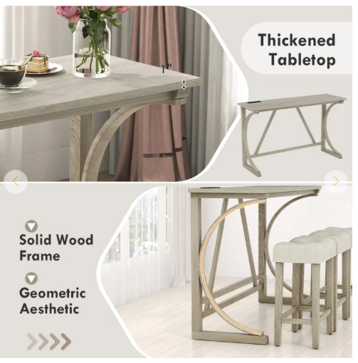 4-Piece Bar Table Set with Power Outlet and Upholstered Saddle Seat Stools (Fully Assembled)