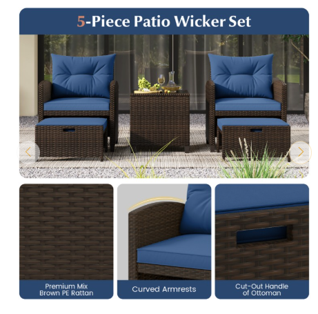 5PCS Outdoor Rattan Conversation Set Wicker Lounge Chairs with 2 Ottoman Stools and Glass Top Side Table-Navy (Assembled)