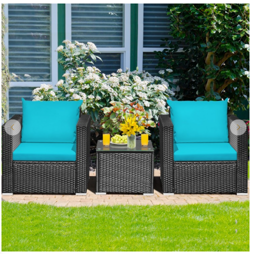 3 Pieces Cushioned Rattan Patio Set with Coffee Table-Turquoise, Fully Assembled
