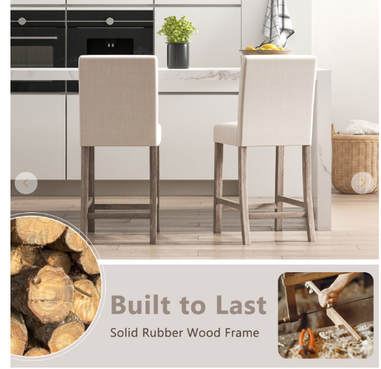Set of 2, Counter Height Bar Stools with Back and Footrest (Fully Assembled)