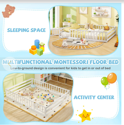 SPECIAL - Queen Size Montessori Floor Bed Frame with Full Length Safety Guardrails-White