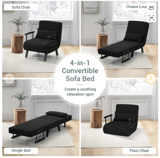 Folding 6 Position Convertible Sleeper Bed Armchair Lounge Couch- Black (See description)