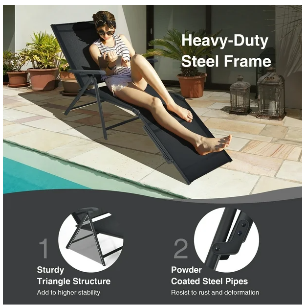 Patio Folding Chaise Lounge Chair Outdoor Portable Reclining Lounger Beach Black