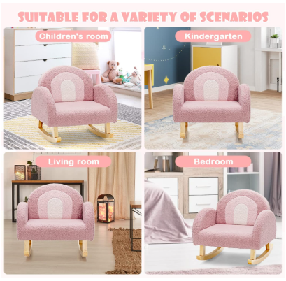 Toddler Rocking Chair with Solid Rubber Wood Frame Soft Velvet Cover-Pink (See Description)