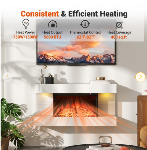 50 Inch 3-Sided Wall Mounted Electric Fireplace (No Remote Control) (1 Box)
