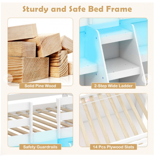 Twin Size Loft Bed with LED Lights with Staircase and Safety Guardrail (1 Box)